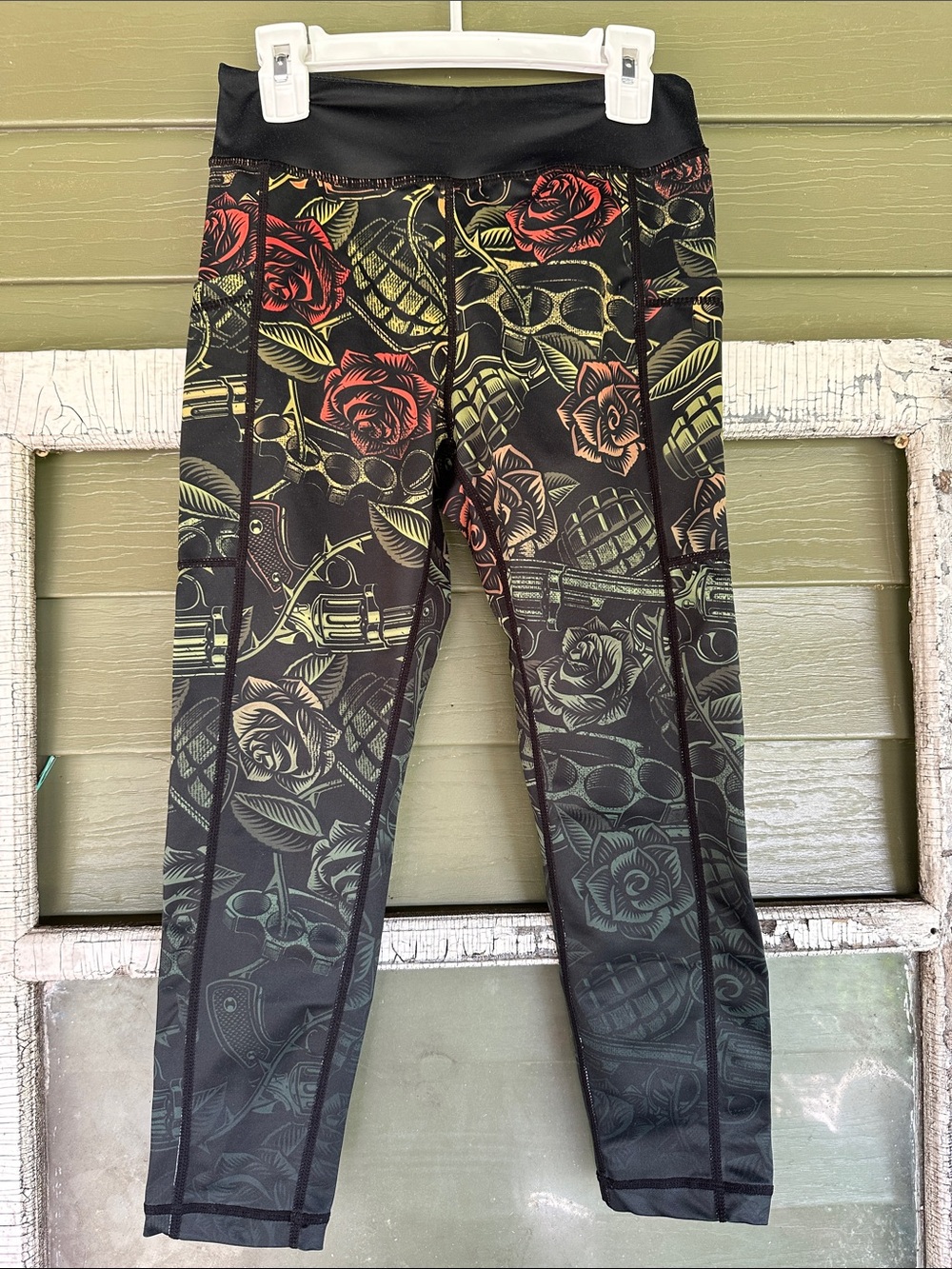 Constantly Varied Gear Black Leggings with Red & Green Rose and Grenade Print